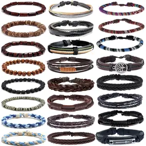 24-Piece Unisex Braided Beaded Bracelets Set - Handmade Strap Bracelets, Cuff Wraps, Layered Bands, Ethnic Tribal Adjustable Design, PU and Wood Mixed Materials, Strap Bracelet