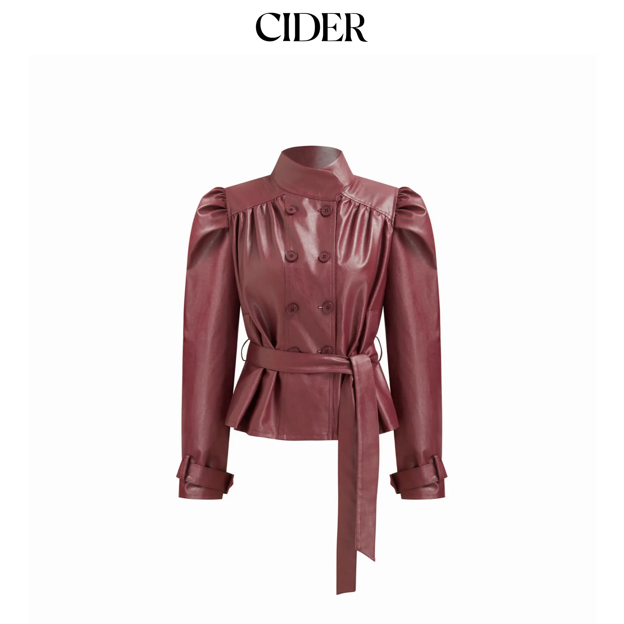 Cider Women's Faux Leather Jacket - Double Breasted Funnel Neck Belted Long Sleeve Shacket Top Coat, Tops, Coats, Jackets, Fitted, Longsleeves, Basic, Elegant, Lady, Leather & Faux Leather