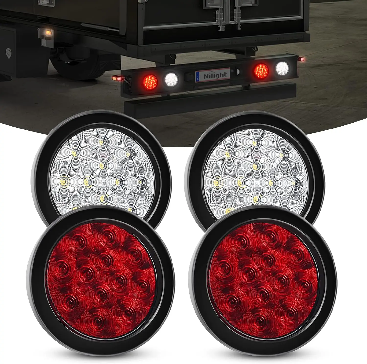 Nilight 4PCS 4" 12LED Round Car Rear Lights - Reverse, Brake, Turn Functions, Surface Mount Grommet Plugs, IP67 Water Resistant LED Lights Car for Truck, Tractor