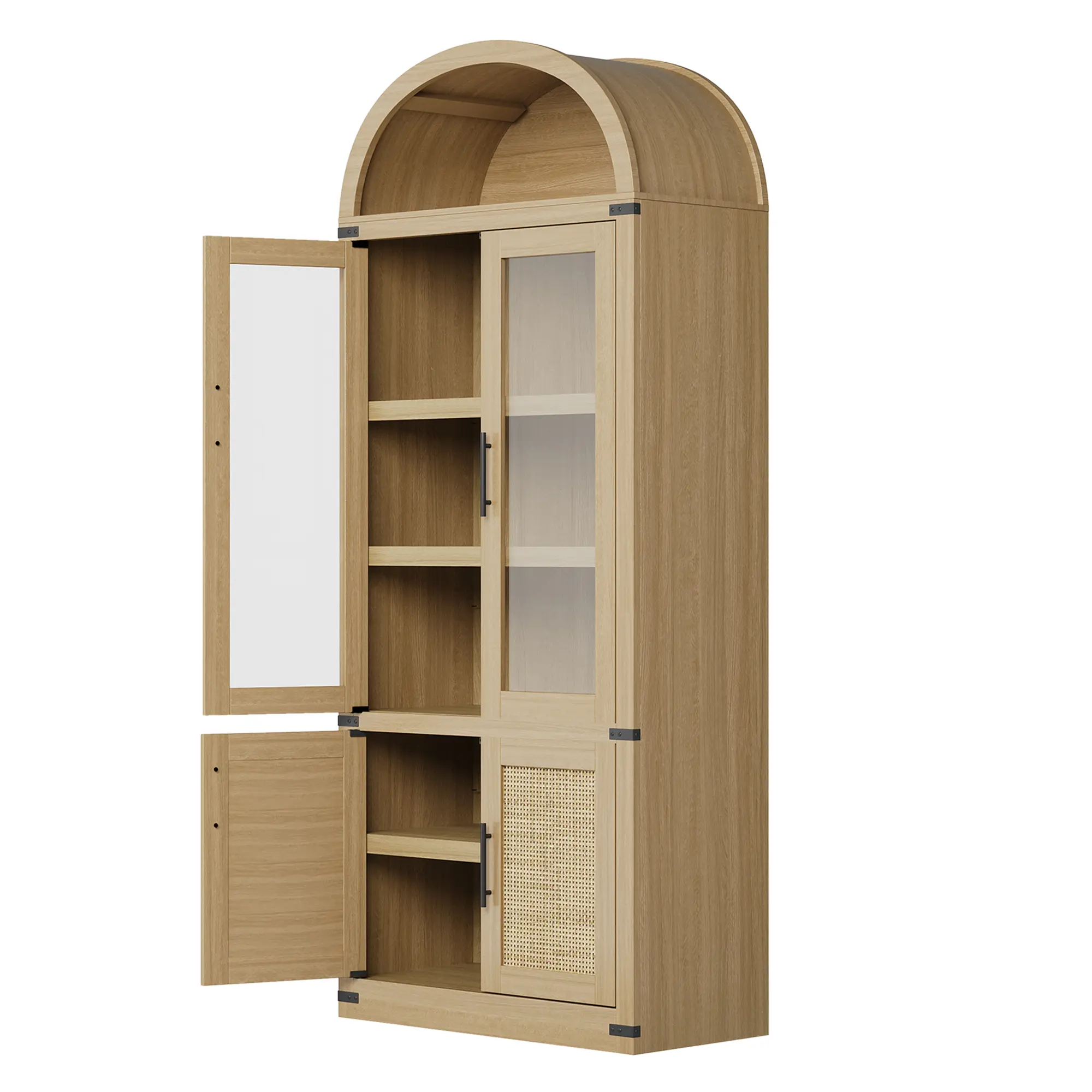 GAOMON Elegant Contemporary Arched Curio Bookshelf - Modern Design Style Freestanding Wooden Organizer with 4 Glass Doors, Open Shelf, 29.92x15.75x71.65in Stable Bookcase, Wipe with Damp Cloth, Assembly Required for Living Room, Bedroom, Black, 29.92 X 15
