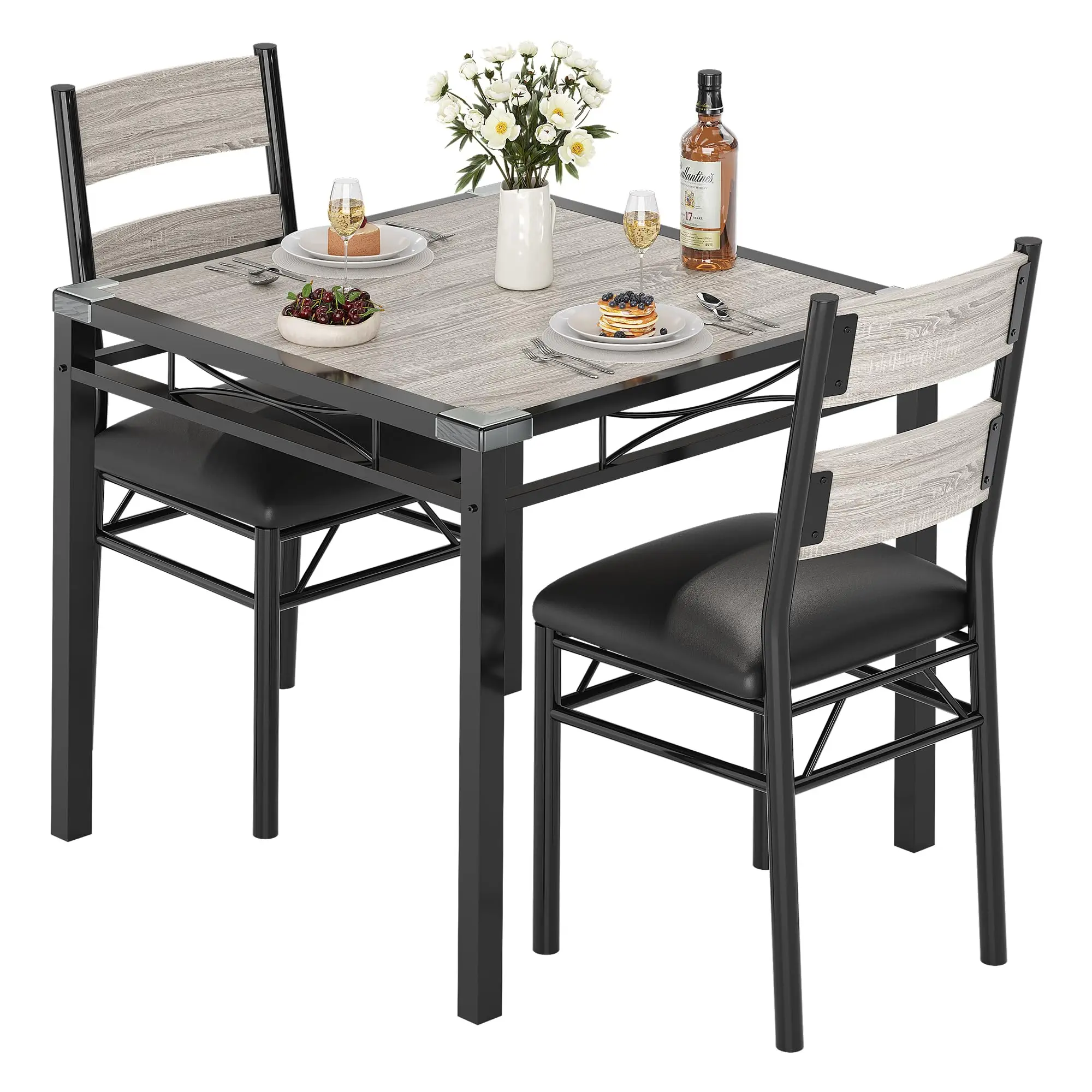 Garvee 3-Piece Modern Space-Saving Bistro Dining Table Set for 2 with Upholstered Chairs, Sturdy Metal Legs, and Corner Protectors in Grey, Ideal for Apartments and Breakfast Nooks