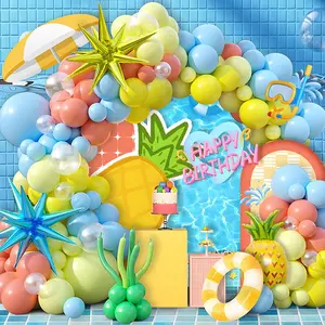 122pcs summer fruit shaped balloon set mainly in yellow and blue colors, paired with gold light blue exploding star aluminum foil and pineapple patterned balloons. Suitable for birthdays, pool parties, and summer beach gatherings