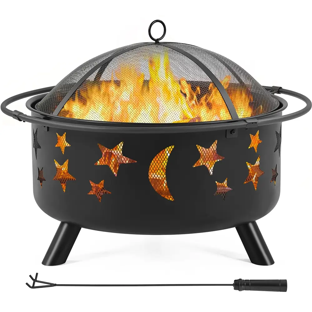 Yaheetech 36 Inch Fire Pit, Heavy Duty Rustic Metal Wood Burning Bowl with Diamond Cutouts and Mesh Wall for Garden, Patio & Bonfire Nights, Includes Spark Screen, Poker & Cover, Fire Pit Set, Heavy Duty Firepit, Diamond Cuts, Round