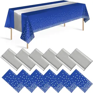 12 pack blue and silver tablecloth and table runner party decorations blue and silver plastic disposable tablecloth and satin table runner for wedding birthday bridal graduation anniversary party