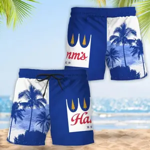 Tropical Palm Tree Hamm’s Beer Swim Trunks – Beer Lover Summer Beach Shorts, Tropical Palm Print Pool Party Swimwear for Men, Lightweight Quick Dry Vacation Outfit