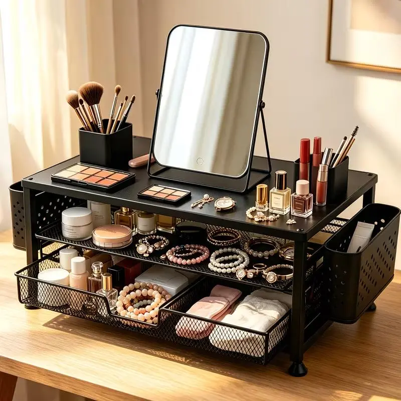 Large Cast Makeup Organizer with Adjustable Mirror, Multi-Grid Drawer - Freestanding Tabletop Cosmetic Storage for Skincare, Jewelry, Lipstick; Space-Saving Vanity Shelf for Women, Gifts for Adulting Women, Bathroom Counter Birthday Gift
