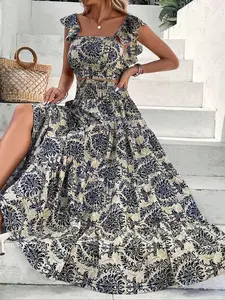Women's Ethnic Pattern Butterfly Cap Sleeve Crop Top & Shirred High Waist A Line Skirt Set, Summer Clothes Women Boho Elegant Square Neck Top & Ruffle Hem Long Skirt for Vacation Holiday Beach, Ladies Summer Clothes