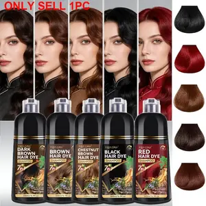 500ml Hair Dye Shampoo. Herbal extracts, mild & non-irritating. 7-in-1, dyeing, shampooing, conditioning. Easy to use. Leaves hair shiny, luminous & healthier. 5 colors: Black/Brown/Dark Brown/Chestnut Brown/Red.