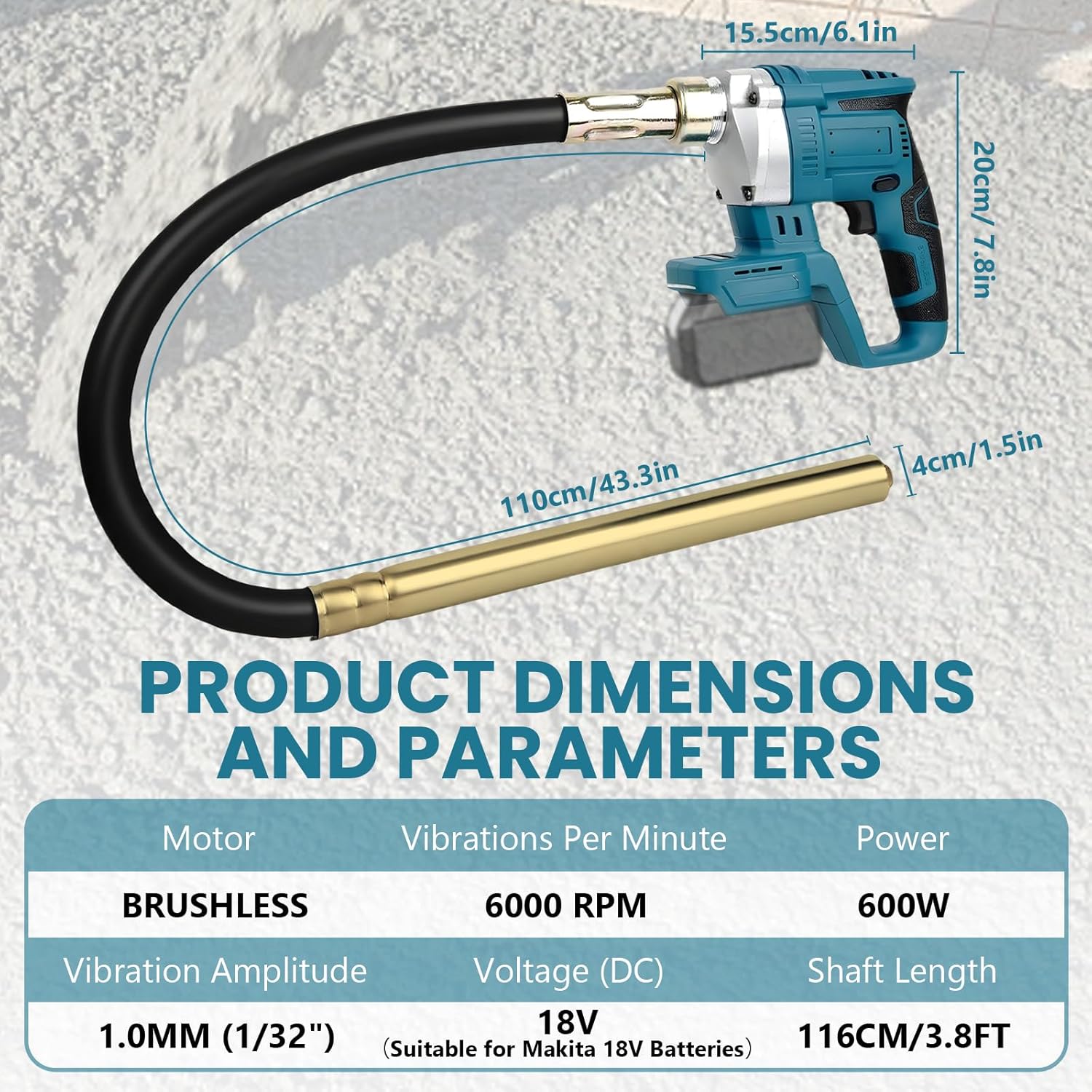 Handheld Concrete Vibrating Tool Compatible with Makita 18V Battery(No Battery), 600W Cordless Electric Concrete Vibrating w/3.8ft Shaft Rod, Portable Pencil Cement Vibrating Remove Bubble