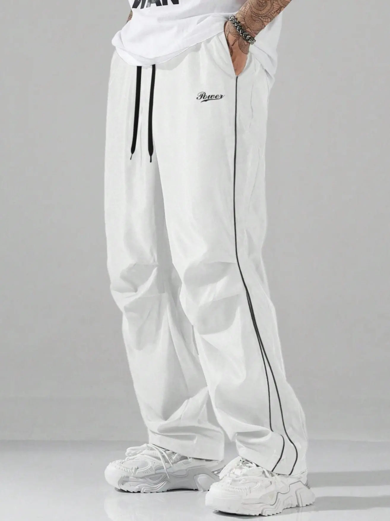 Y2K White Track Pants | "Power" Embroidered Streetwear Wide-Leg Bottoms
