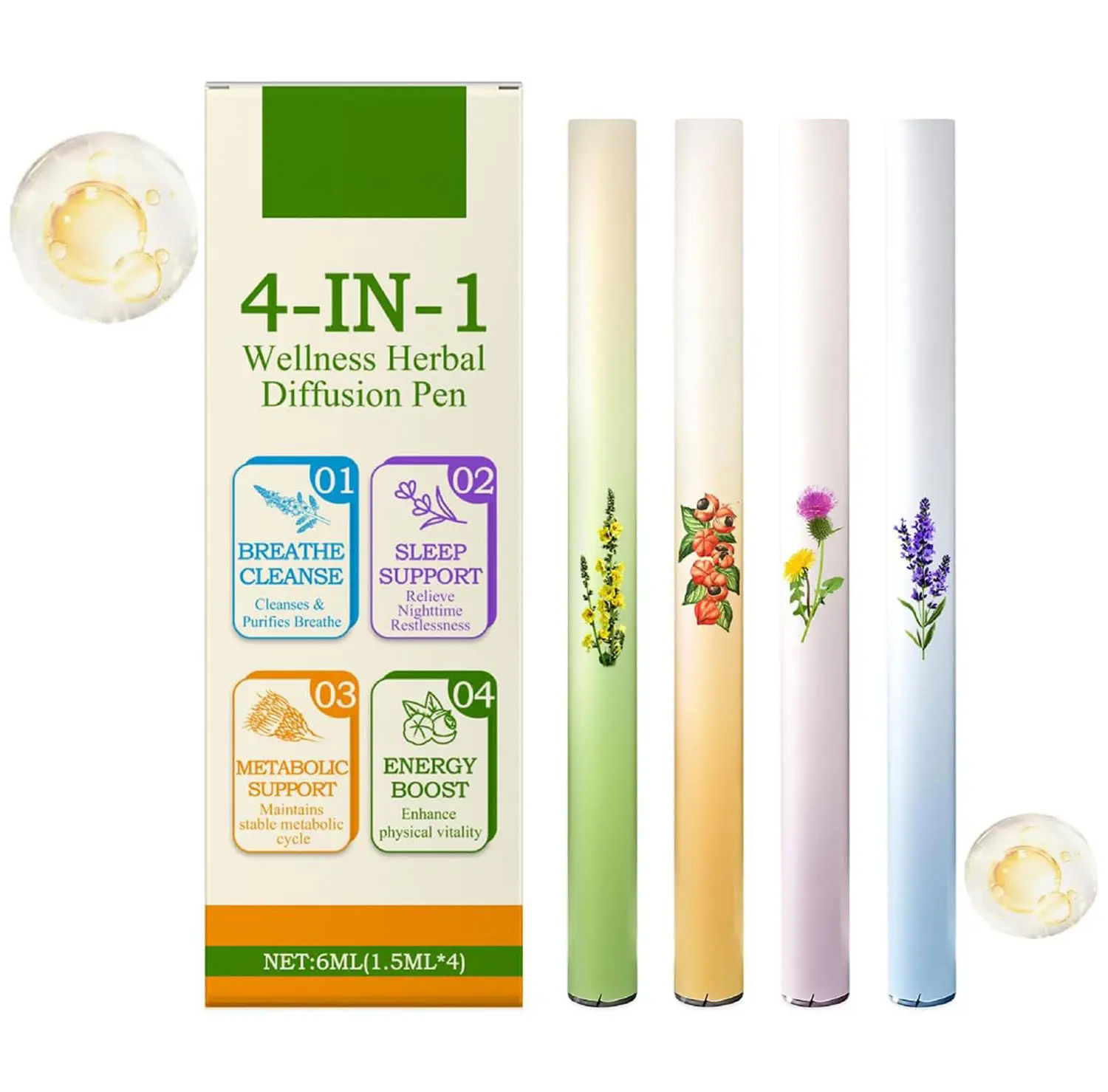 Mullein Herbal Diffuser Pen, Natural Aromatherapy Air Inhaler Stick with Mullein Thyme Mint, Four Aroma Variety Set,Air Freshening, Relaxed Feelings, Portable Pocket Size (4 Pack)