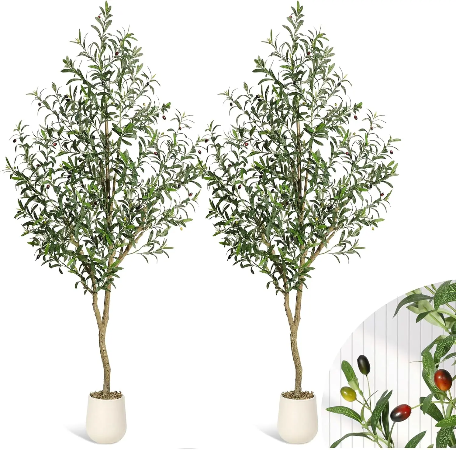 Elegant 2-Piece 5FT UV-Resistant Realistic Polyester Artificial Olive Tree Set with White Planters, Green Moss, Fruit, Ornaments, Adjustable Design for Home Bedroom Office Indoor Plant Decor