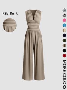 women's minimalist plain ruched deep v neck wide leg jumpsuit, lady casual basic fitted comfort sleeveless ribbed jumpsuit for daily wear, ladies clothes for all seasons, womenswear overalls, casual fashion jumpsuit