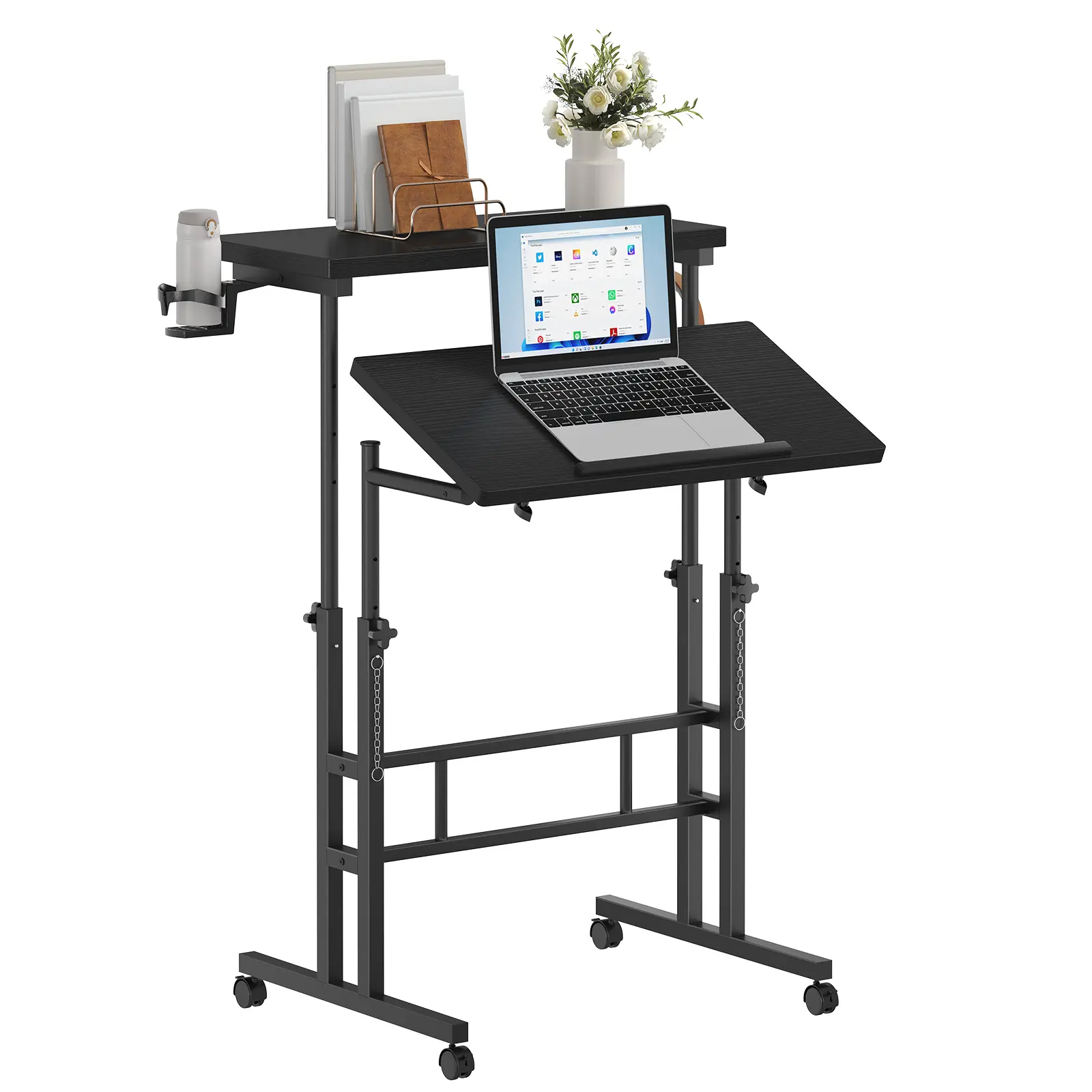Sweetcrispy Modern Split-Top Rectangular Standing Desk - Manual Height-Adjust Steel Frame, 4-Wheel Easy Move Mobile Laptop Office Furniture for Small Spaces & Bedroom
