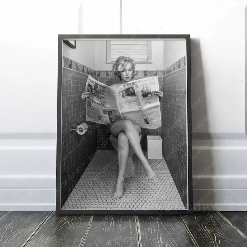 Marilyn Monroe Sitting on Toilet Artistic Letterpress Print - Premium Vintage-Inspired Waterproof Unframed Celebrity Wall Decor, Multi-Size (8x12in,24x36in), Steam-Safe for Showers, Humidity-Safe for Kitchens, PVC Tube Packaged Polka Dot Supplies, Paintin