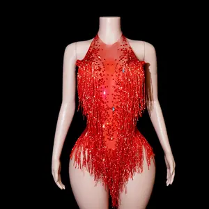 Women's Bodycon Halter Neck Bodysuit - Sparkly Red Rhinestone Fringe, Mesh Sleeveless Fitted Fashion Wear for Latin Dance Stage Performers, Party Nightclub Events, Bodycon Bodysuit