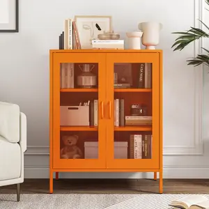 Metal Locker Storage Cabinet with 2 Mesh Doors and Adjustable Shelves,Orange Metal Locker Cabinets,Coffee Bar Cabinet,Kitchen Pantry Storage Cabinets for Home,Sideboard,Office(40" H)