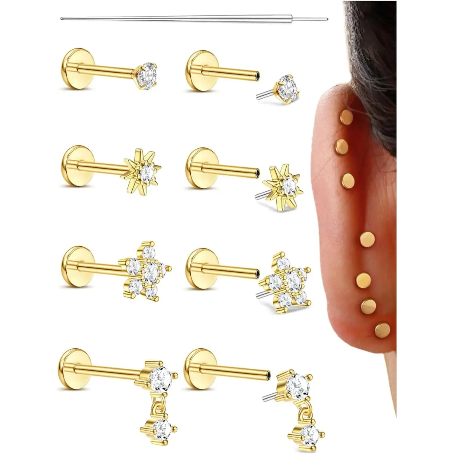 MILACOLATO Threadless Flat Back Earrings Studs 316L Surgical Steel Push in Nose Studs Rings CZ Tragus Cartilage Helix Conch Labret Lip Nostril Medusa Piercing Jewelry Hypoallergenic 20G 18G 16G, Threadless Piercing, Nose Ring