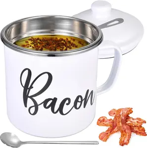 Bacon  Saver with Strainer - 15oz Enamel  Container, Farmhouse Bacon  Keeper For Kitchen  Storage, Dishwasher Safe- White
