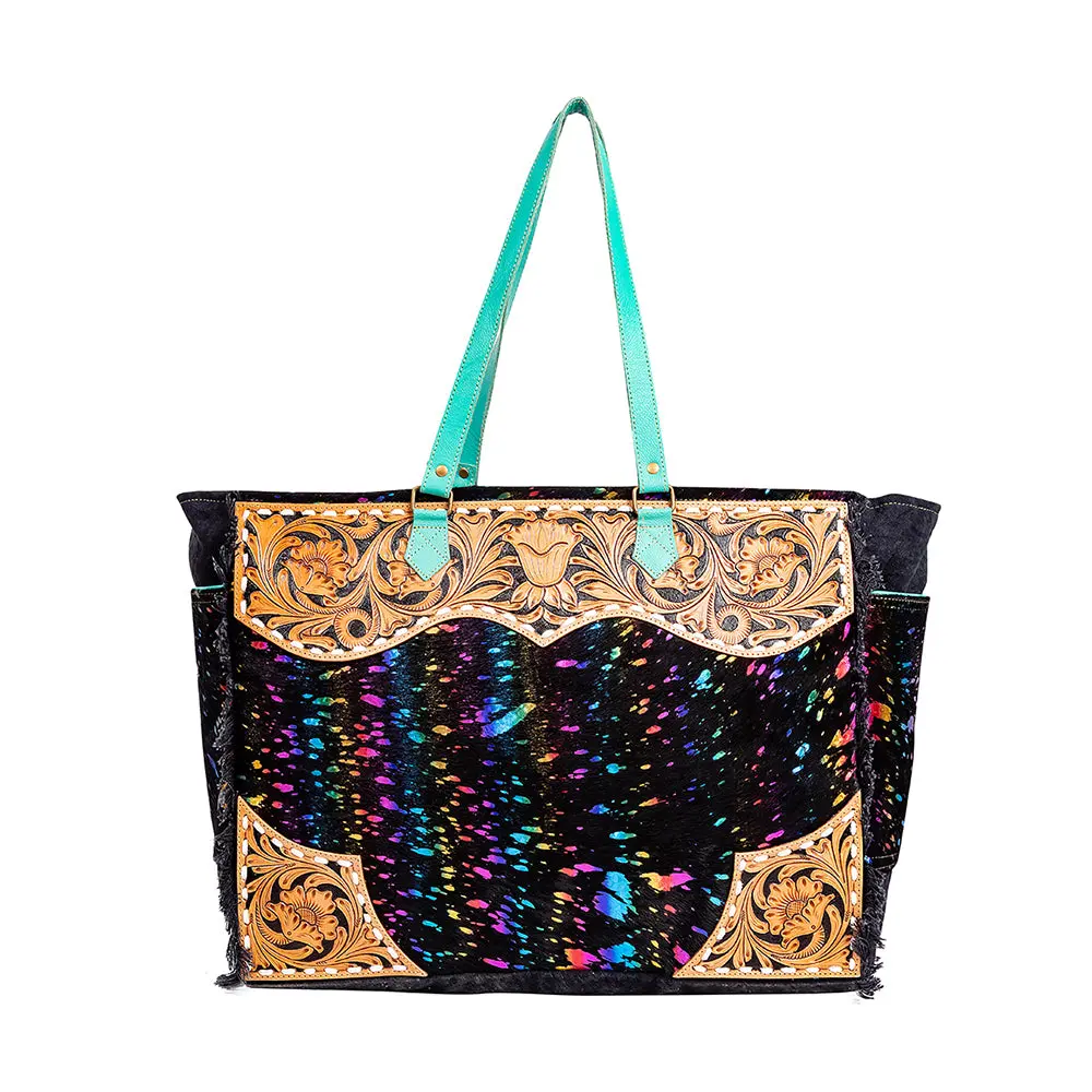 Women's Western Handheld Bag Purse - Spacious, Hand-Tooled Hairon Leather Weekender Duffle with Turquoise Handles for Overnight Travel, Western Art, Duffle Bag, Zipper Pocket, Prairie Motif, Weekend Trip, Foiled Hairon, Western Look