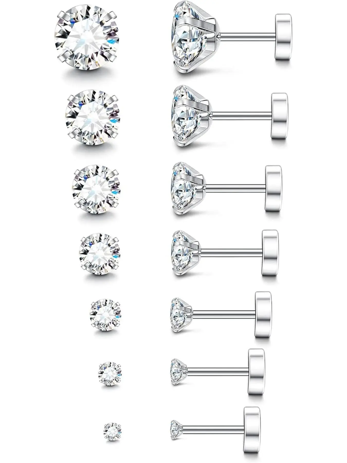 20g Hypoallergenic Flat Back Earrings Ear Studs for Women Men Silver Color Surgical Steel Stud Earrings, Cubic Zirconia Cartilage Jewelry for Sensitive Ears Hypoallergenic CZ Earrings, Flatback Stud Earrings