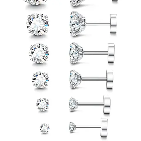 20g Hypoallergenic Flat Back Earrings Ear Studs for Women Men Silver Color Surgical Steel Stud Earrings, Cubic Zirconia Cartilage Jewelry for Sensitive Ears Hypoallergenic CZ Earrings, Flatback Stud Earrings, Earrings With Flat Backs