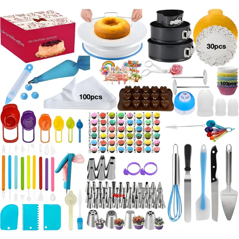 Stainless Steel 390PCS Cake Decorating Bakeware Kit for Beginners - Baking Tools Set with 3 Springform Pans, Rotating Turntable, 48 Numbered Piping Tips, 4 Russian Nozzles, 9 Fondant Carving Tools, Stamp, Muffin Spatula; Handmade Christmas Gift Set