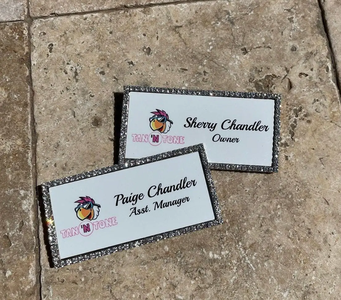 Custom Magnetic Name Badge - Metal Bling Badge w/ Rhinestones