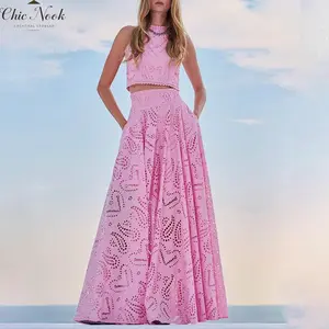 Women's 2 Piece Skirt Outfits Sleeveless O Neck Eyelet Tank Tops Long Flowy Skirt Set???gift??Gift