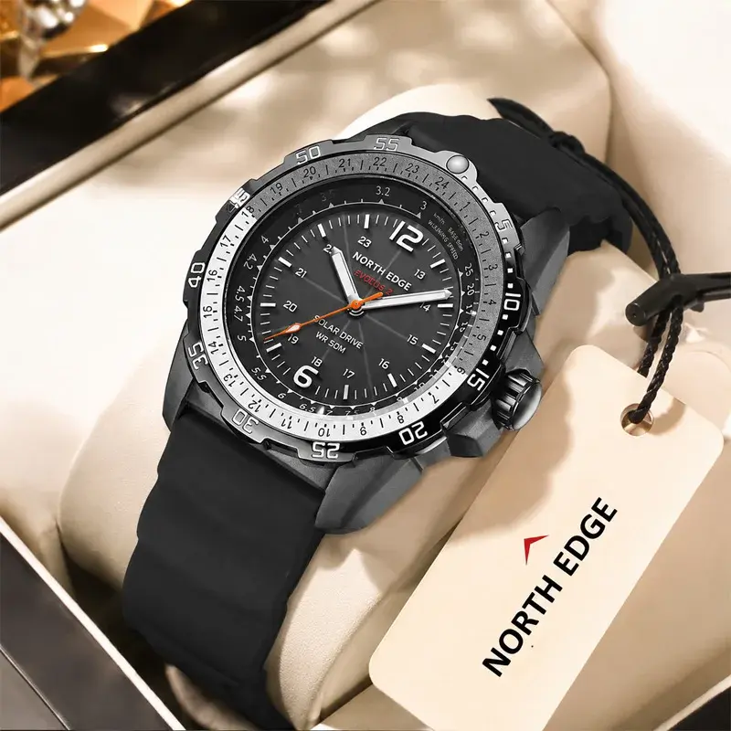 NORTH EDGE Solar Power Drive EVOQUE2 Outdoor Men Watch Waterproof 50M Men's Sport Fashion Black Wristwatches Luminous Soft Silicone Strap Enviormentally Clock Festival Gift
