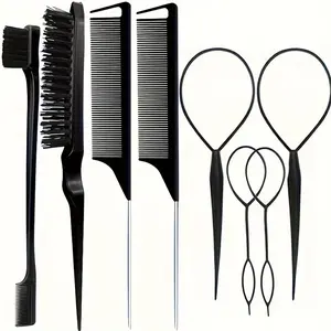 8pcs Hair Styling Tool Set – Topsy Tail Tools, Edge Control Brush, Teasing Brush & Metal Pin Rat Tail Brushes for Braiding, Parting and Edge Styling, Barber Set