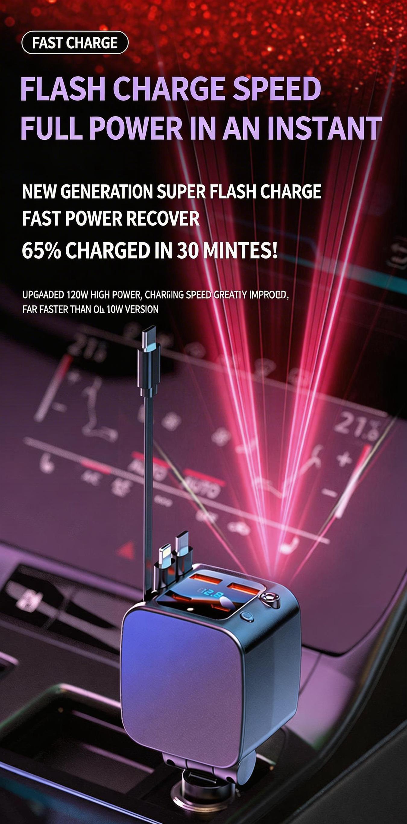 7-in-1 Ultimate Car Charger! Level up yourdrive with 60W Starlight projection, retractablecables for zero mess, and 3.1A fast charging.Real-time voltage monitoring keeps your ridesafe. Must-have car gadget for 2026