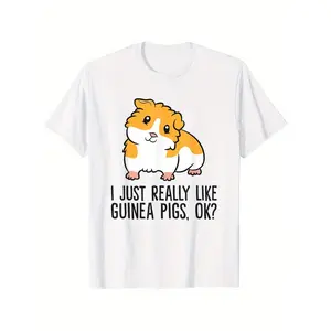 Everyday Comfort, "I Just Really Like Guinea Pigs, Okay?" T-Shirt - Cute Cartoon Guinea Pig Design, 100% Cotton, Short Sleeve, All-Season Wear, Machine Washable, Sizes S-XXXXXL, Casual Wear|Casual Style|Smooth Fabric