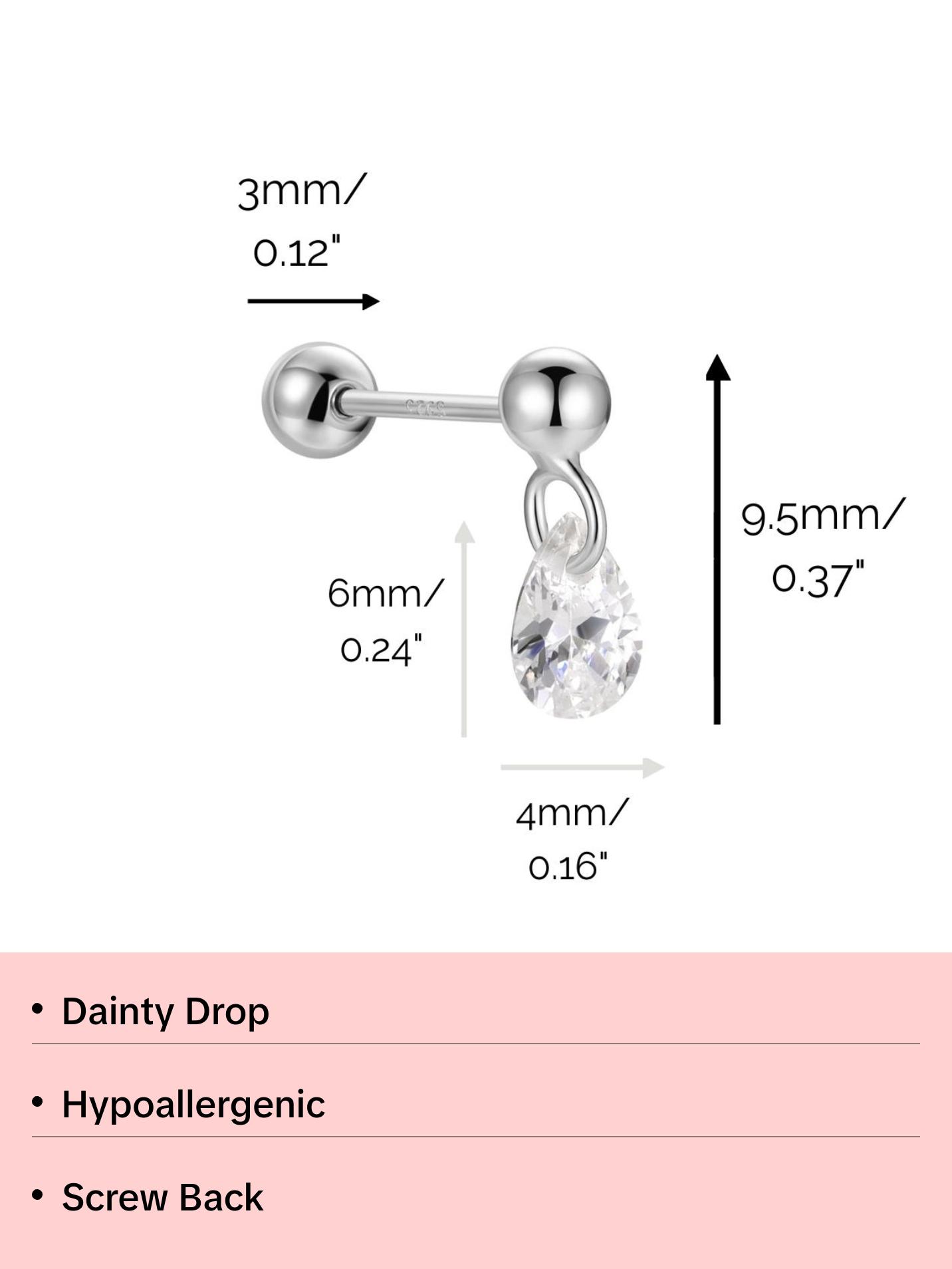 "Starlight Dew" Pear Shape Stone Silver Dangling Drop Piercing Earring With Ball Back