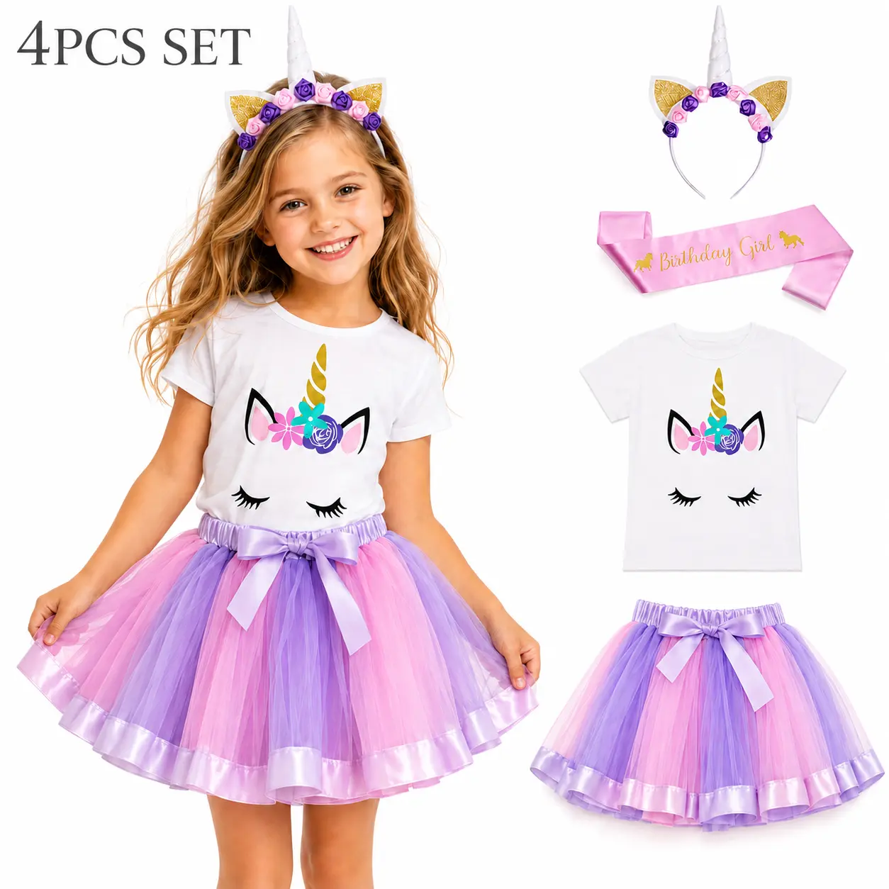 4PCS Girls Unicorn Birthday Outfit Set, Toddler Tutu Skirt Costume with T-Shirt, Unicorn Headband & Birthday Sash, Princess Dress Up Party Photo Shoot Clothes for Little Girls