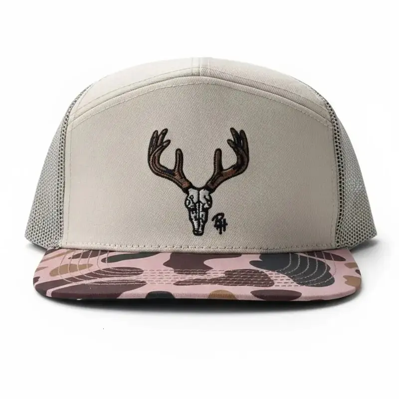 Deer Skull Antler Embroidered Trucker Hat Pink Camo Brim Mesh Snapback Cap