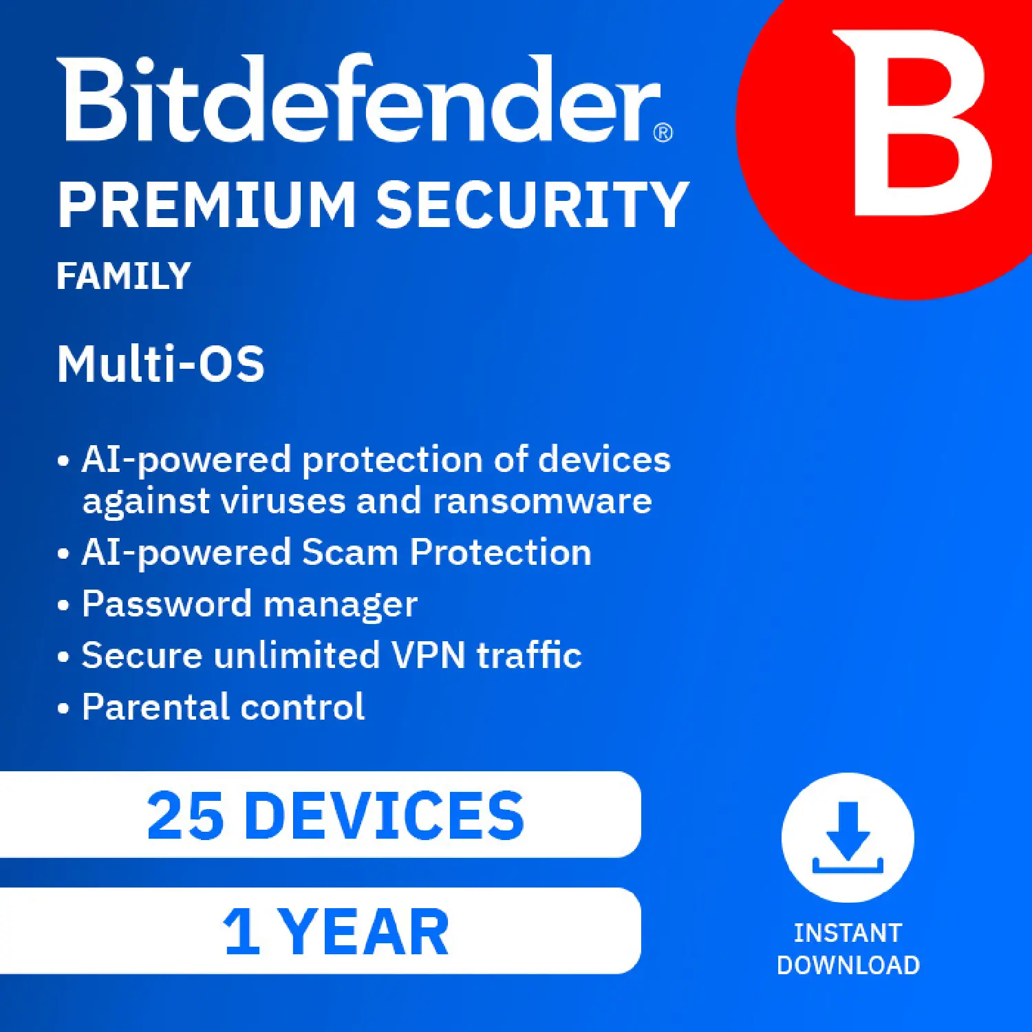 Bitdefender Premium Security Family - New  range | 25 devices | 1 year |PC/Mac/iOS/Android