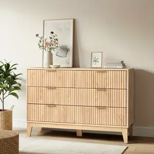 Modern Fluted 6-Drawer Dresser Spacious Storage Chest with Sleek Handles, Wood Finish for Bedroom, Living Room, and Entryway (Wood Color)