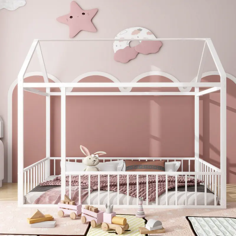 Twin Size Bed Frame with Rails and Roof, Metal House Bed Frame, Twin Floor Beds for Bedroom, White