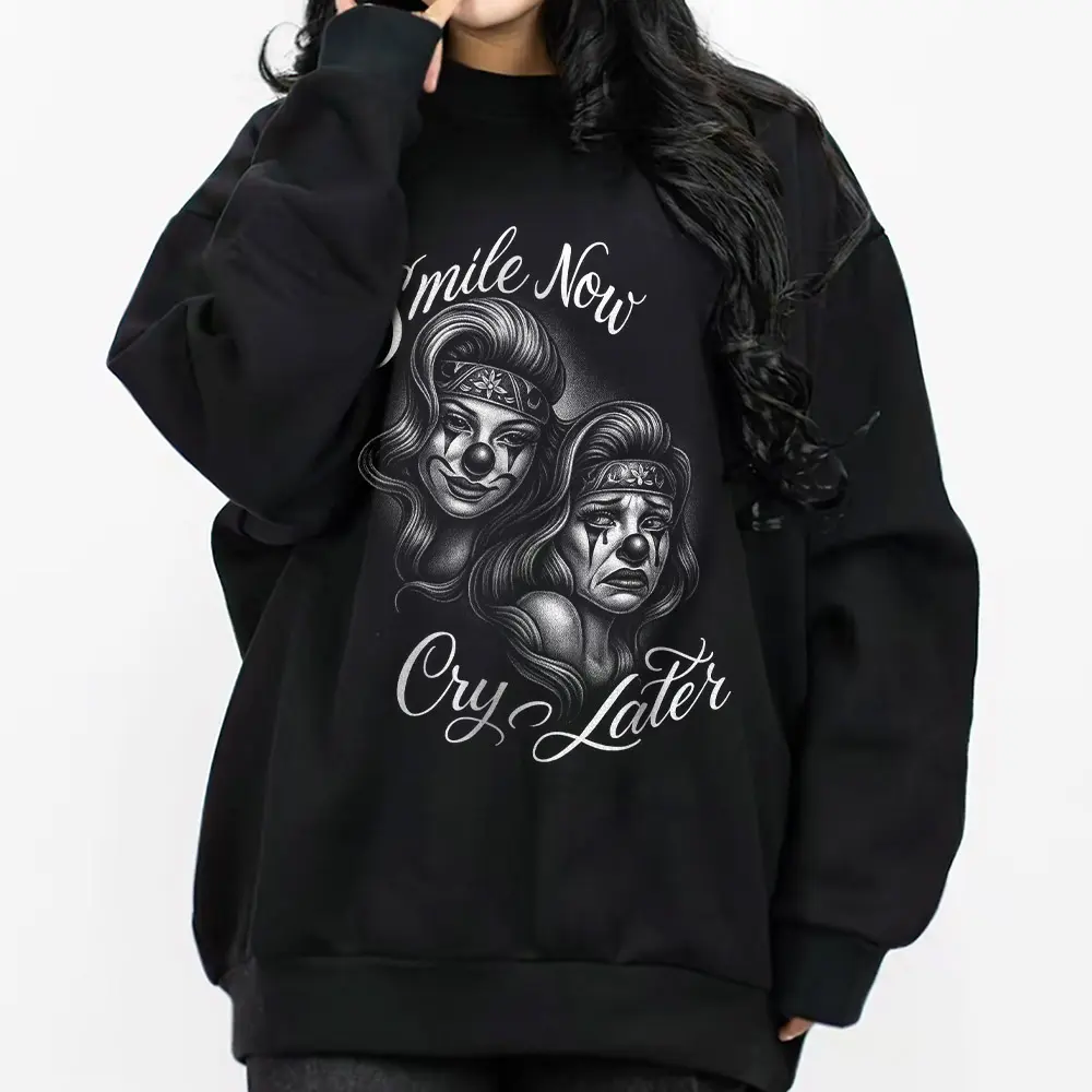 Smile now cry later Chicano Clothing Lowrider Chicana Art Gangster Cholo Outfit Cotton Fabric Menswear Casual Streetwear Hoodie Unisex Loose Fit Style 1510 1