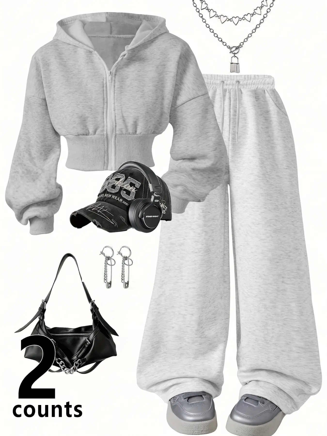 Matching Lounge Outfit Set for Women, Solid Loungewear Set, Cropped Hoodie with Adjustable Drawstring Pants, Light Gray Ribbed Knit Fabric, Cozy Fitted Basic Casual Wear for Daily Street Style Womenswear