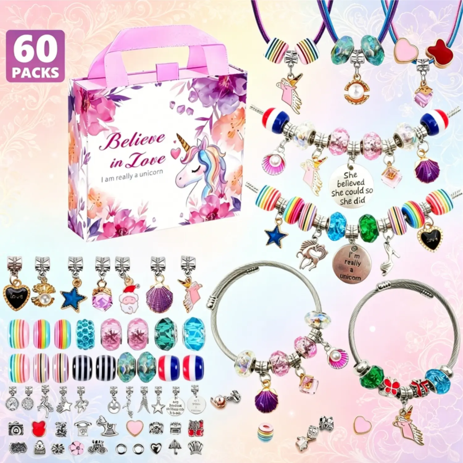 60Pcs Purple Pink Unicorn Charm Bracelet Jewelry Making Kit Toy Beads Mix Heart Charm Decor DIY Bracelet Necklace Accessories Women's Accessories Pendants & Beading Supplies Unique Gift Box Special Gift for Girls Idea Handmade Craft Toy Gift for Holiday