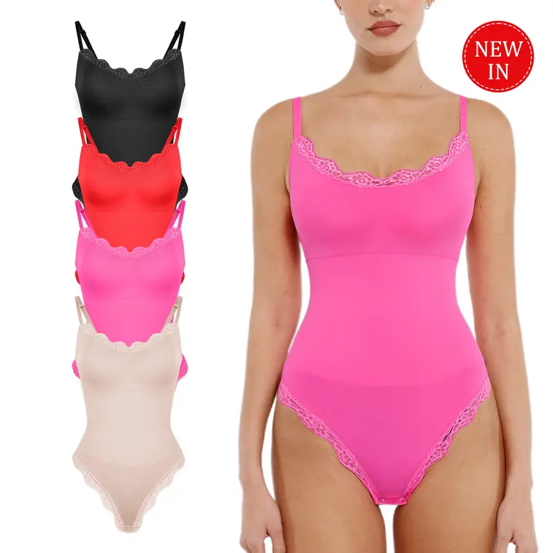 FeelinGirl Women's Lace Bodysuits U Neck Sleeveless Thong Shapewear Seamless Body Suits Tops Leotard