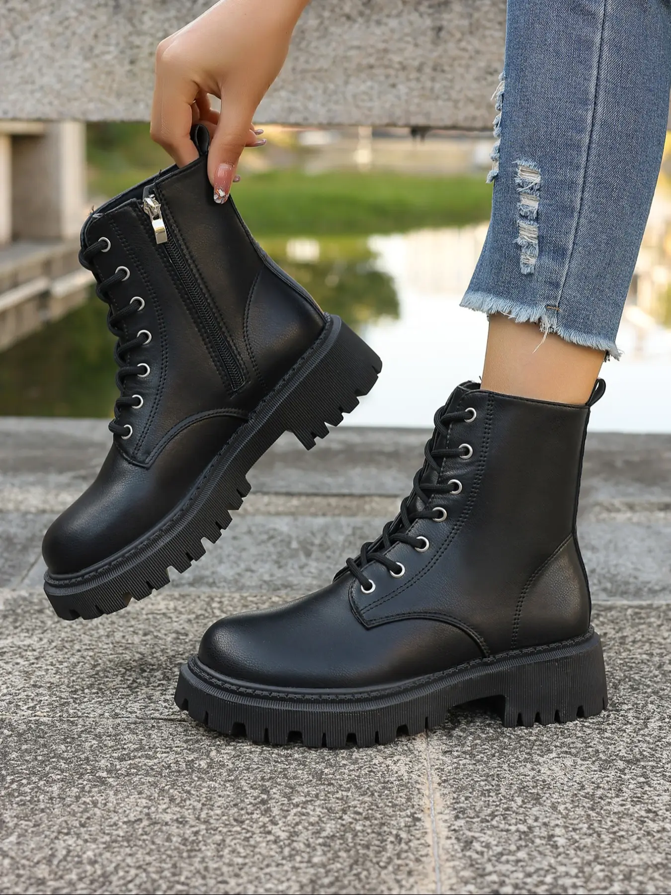 Trendy Thick Sole Boots, Casual PU Leather Above Ankle Shoes, Western Ankle Boots, Fashion Ankle Boots, Spring & Fall Plain Design, Rubber Sole, Laces & Zipper Closure, Footwear