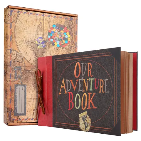 Our Adventure Book Vintage Style 3D Embossed Letters Hardcover Scrapbook Photo Album - Movie Up Inspired, 11.9x7.6in, 80 Pages, Balloon Craft Paper, Colorful Travel Photo Album, Couple Storybook, Storage Organization, Gift Box Option for Mother's Day