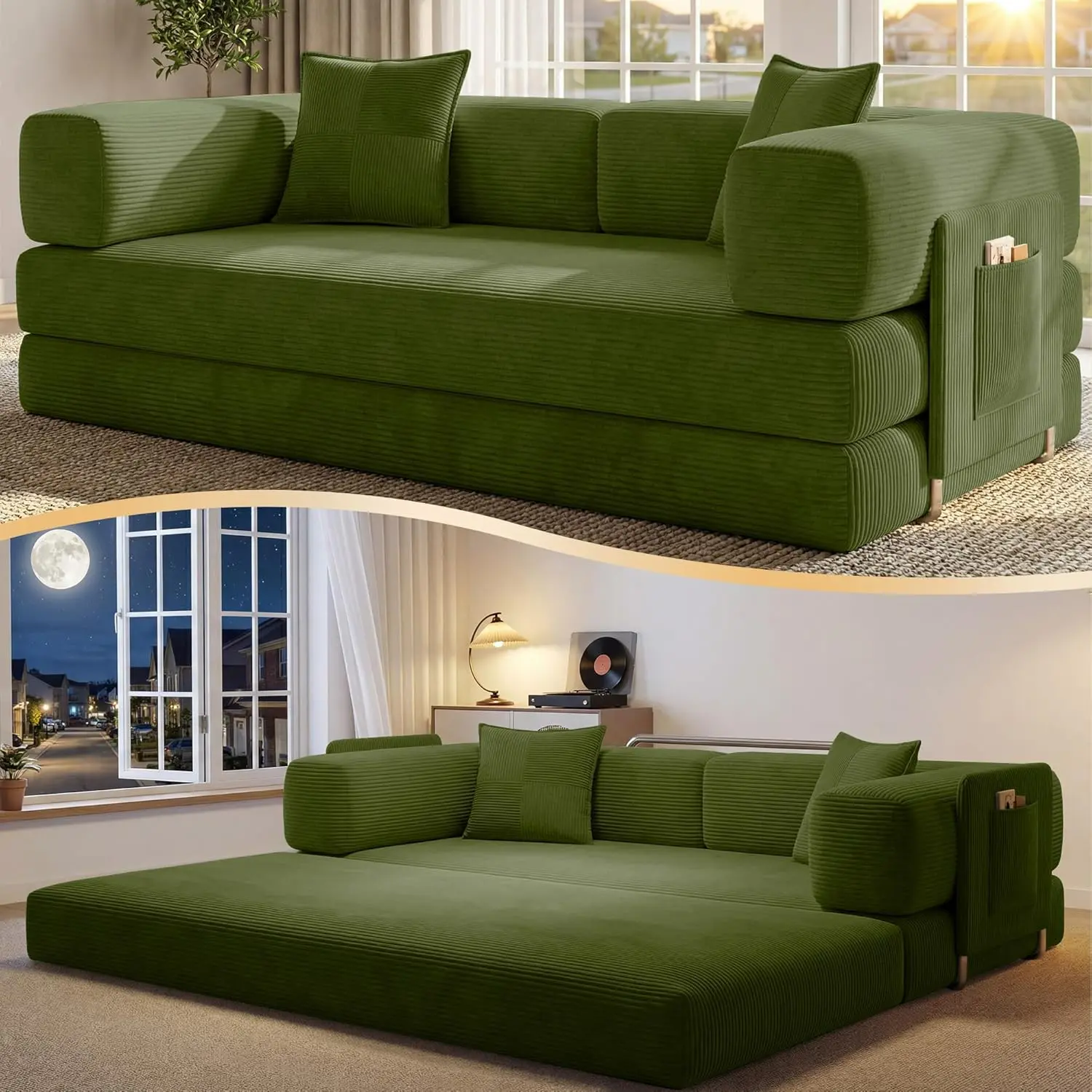 78.8" Corduroy Convertible Futon Sofa Bed Furniture, No-Assembly Boneless Couch with Storage Pocket for Living Room, Green