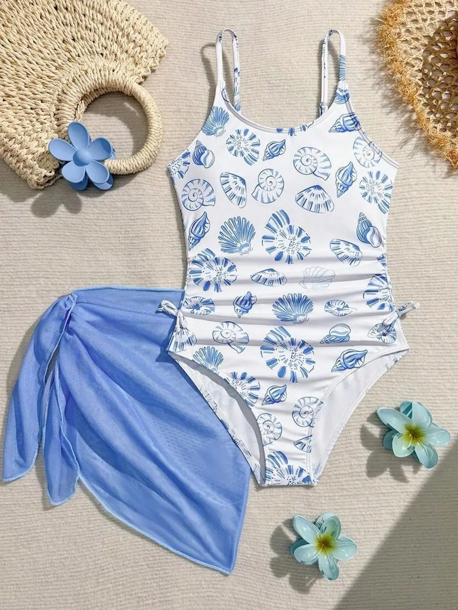 Tween Girls Bohemian Floral Print One-Piece Swimsuit - Summer Holiday Beachwear