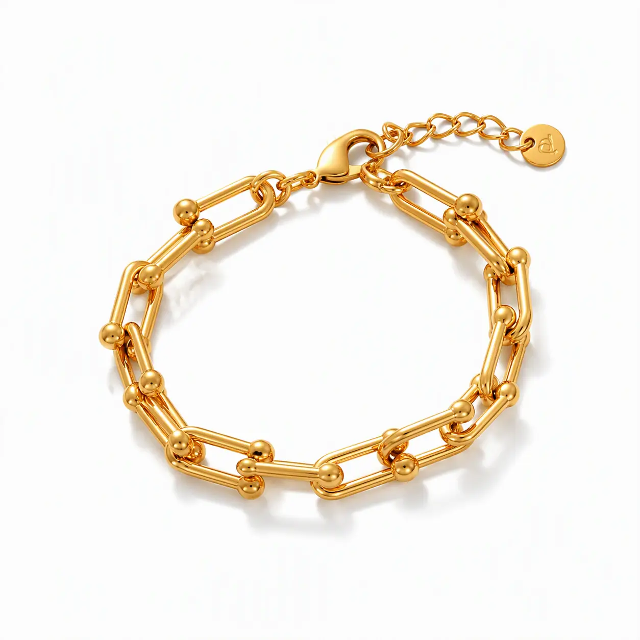 Women's 18K Gold Plated Titanium Steel Horseshoe Clasp Bracelet - 8MM U Link Pattern Solid Chain, 6.7in+1.6in Extender, Waterproof, Minimalist, Casual Use, Unisex Trendy Jewelry Gift