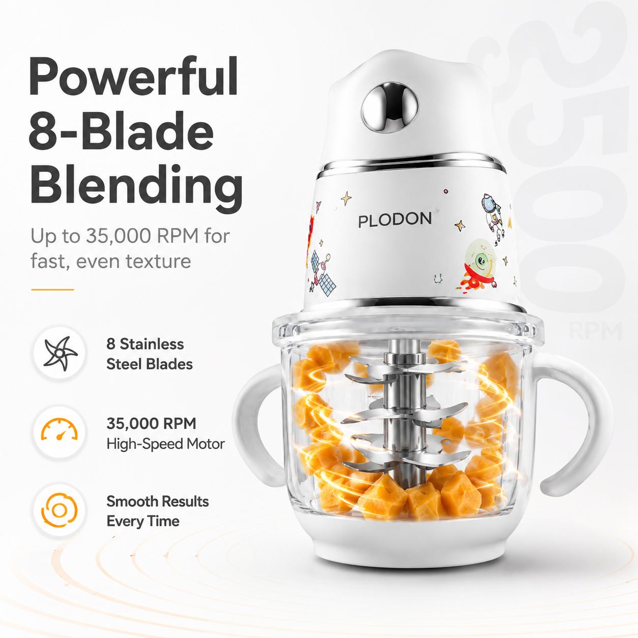 PLODON 10oz Baby Food Maker - Glass Bowl Easy to Use Food Processor with 316 Stainless Steel Blades, 1-Touch Puree Blender for Fruits, Vegetables, BPA-Free Small Batch Meal Prep Tool, Easy To Use Food Processors