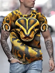 Men's Gold Snake 3D Print T-Shirt, Menswear, Fitted, Breathable Polyester Fabric, Short Sleeve Round Neck, Casual Summer Outdoor Wear, Streetwear, Casual Streetwear Top